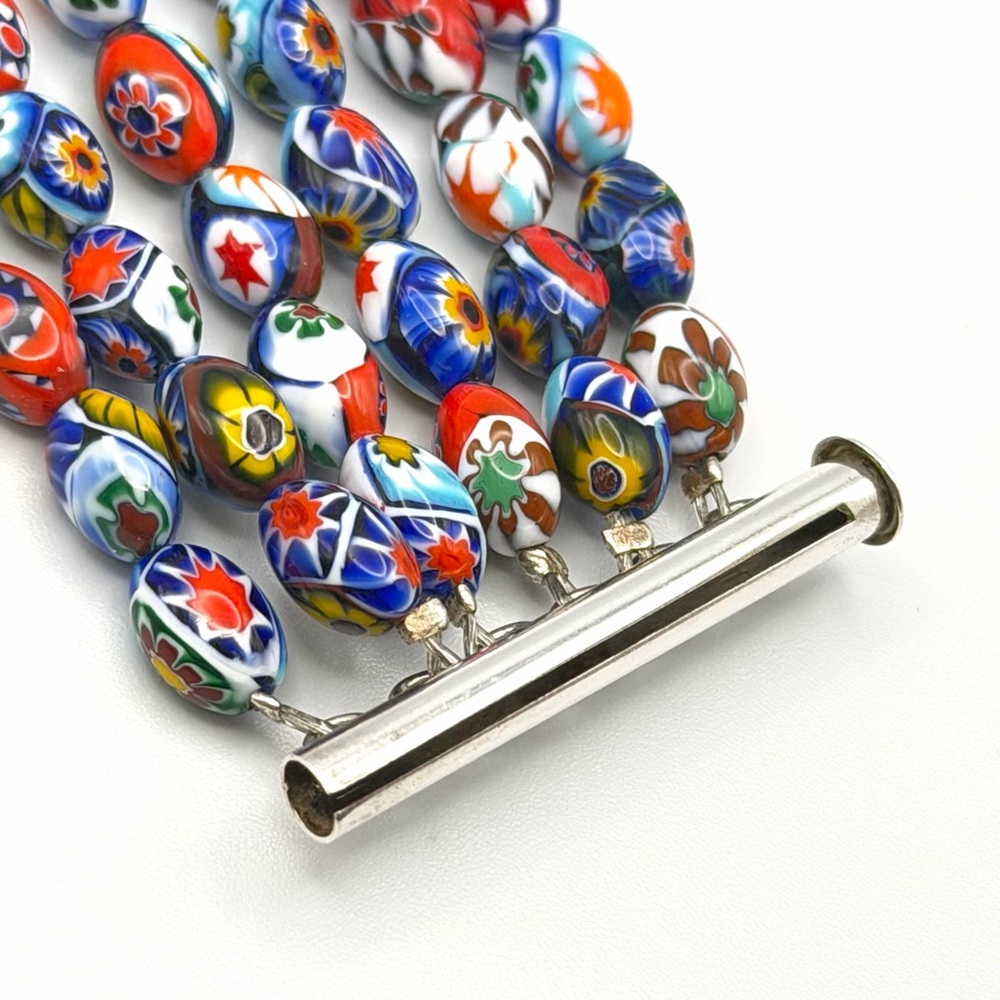 Vintage Murano Millefiori Glass Multi-Strand Bracelet 925 Sterling Silver Clasp - Picture 11 of 16